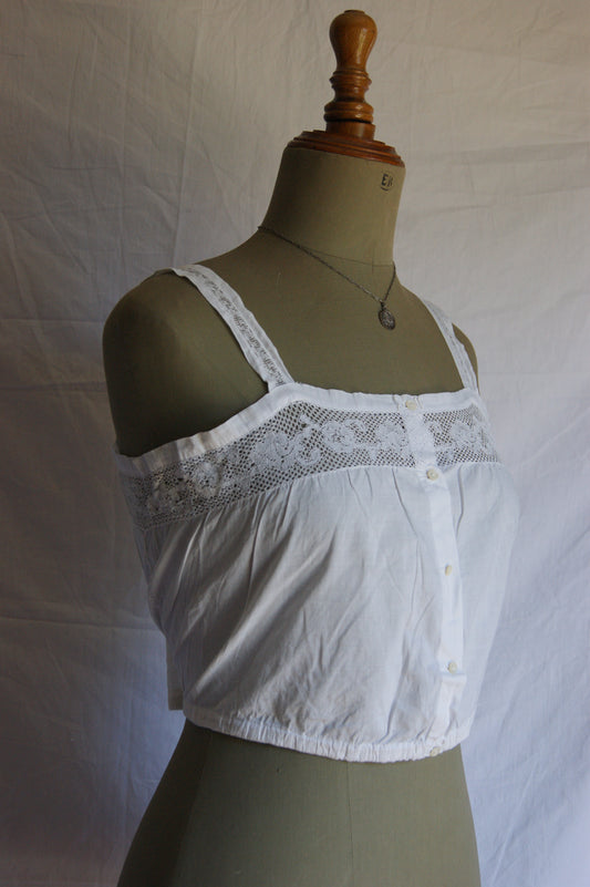 Late 1800s Hand-Made Cotton Corset Cover with Lacework - S