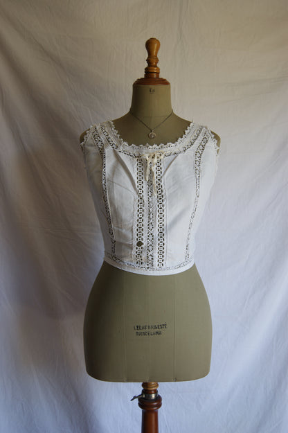 Late 1800s Antique Cotton Corset Cover with Intricate Lacework Trim - S