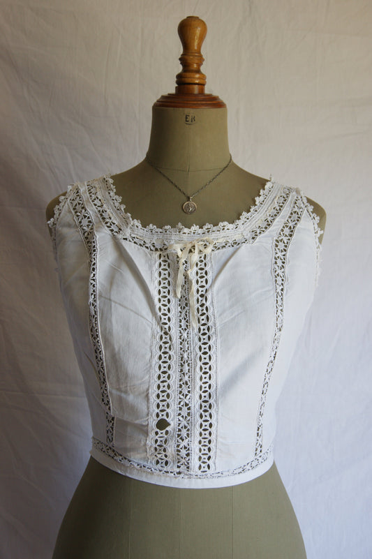 Late 1800s Antique Cotton Corset Cover with Intricate Lacework Trim - S