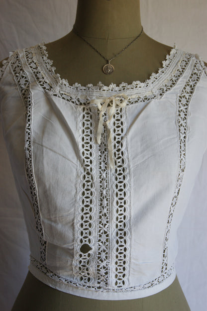 Late 1800s Antique Cotton Corset Cover with Intricate Lacework Trim - S