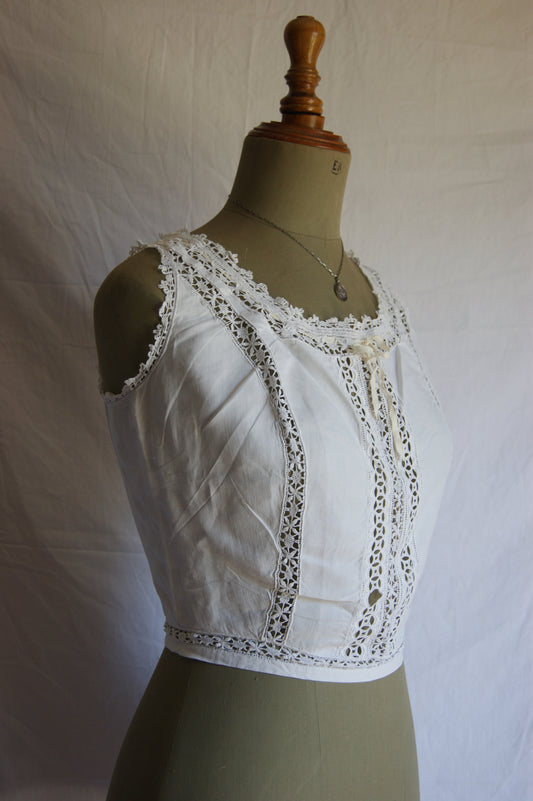 Late 1800s Antique Cotton Corset Cover with Intricate Lacework Trim - S