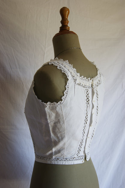 Late 1800s Antique Cotton Corset Cover with Intricate Lacework Trim - S