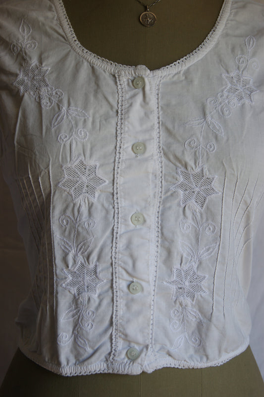 1950s Floral Embroidered Cotton Blouse Vest - M