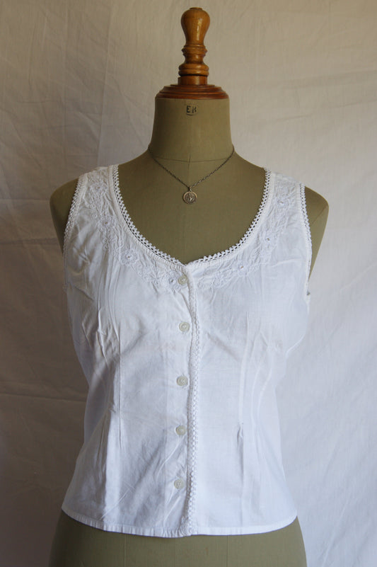 1950s Whitework Embroidered Cotton Camisole - L