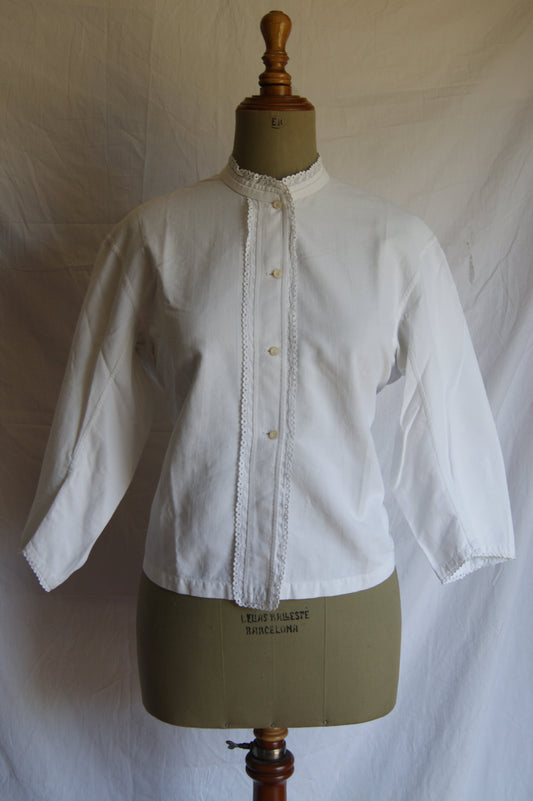 1890s Antique Hand-Made Cotton Blouse with Hidden Monogram - M/L