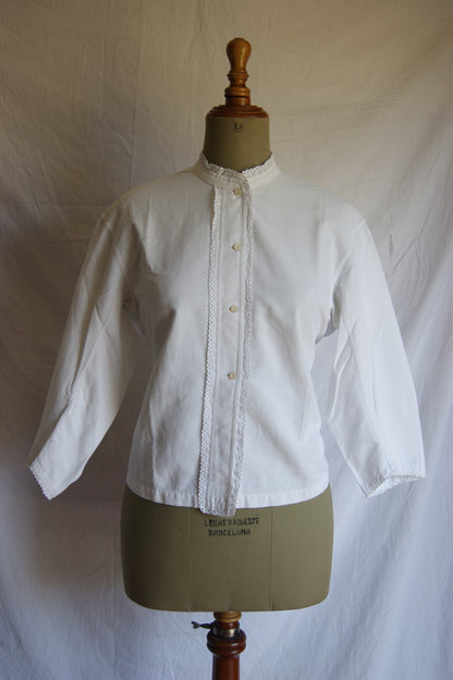 1890s Antique Hand-Made Cotton Blouse with Hidden Monogram - M/L