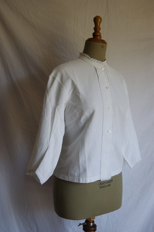 1890s Antique Hand-Made Cotton Blouse with Hidden Monogram - M/L