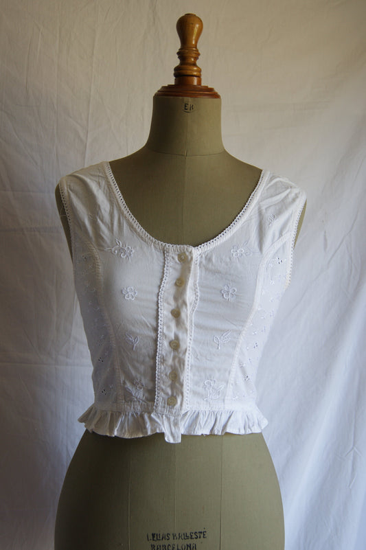1980s White Cotton Broderie Anglaise Corset Blouse - S/M