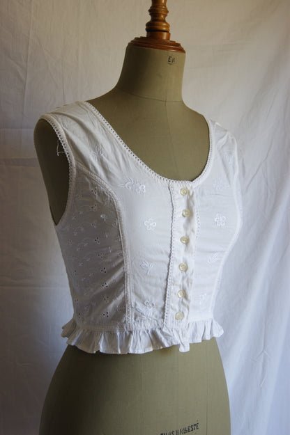 1980s White Cotton Broderie Anglaise Corset Blouse - S/M