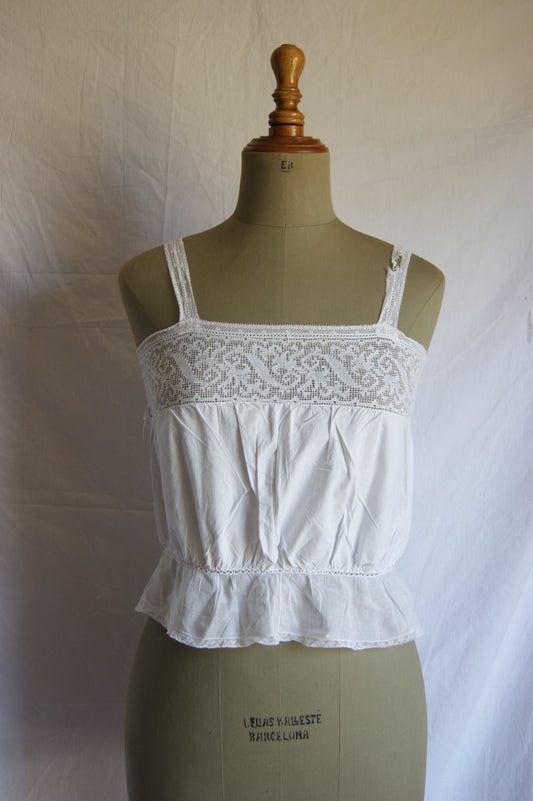 Late 1800s Antique White Cotton Camisole with Hand-Crocheted Lace Trim