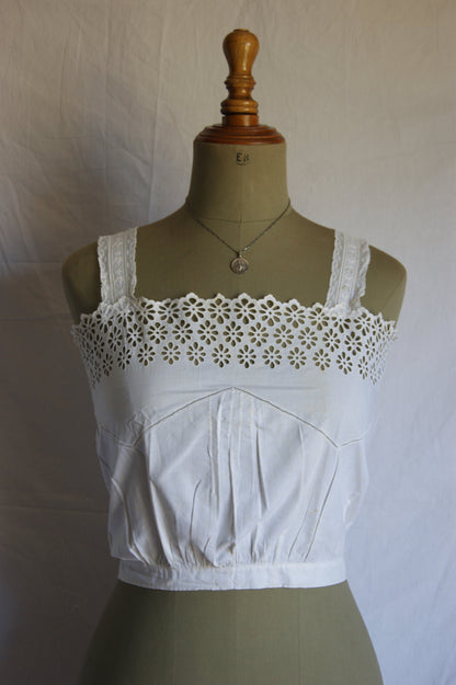 1800s Hand-Stitched Cotton Corset Cover with Eyelet Lacework - S