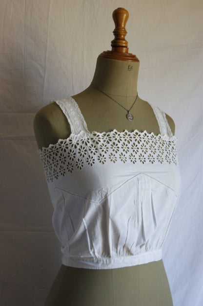 1800s Hand-Stitched Cotton Corset Cover with Eyelet Lacework - S