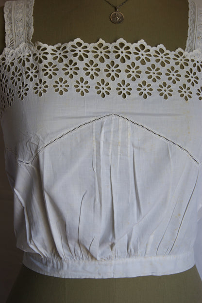 1800s Hand-Stitched Cotton Corset Cover with Eyelet Lacework - S