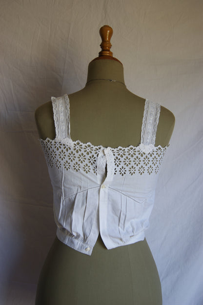1800s Hand-Stitched Cotton Corset Cover with Eyelet Lacework - S