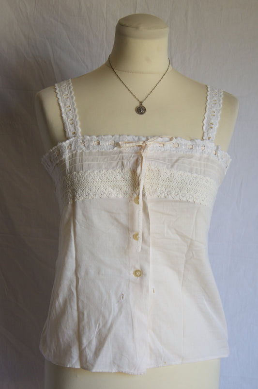 1940s Hand-Made Pale Salmon Cotton Camisole with Lace Trim Bodice - S/M
