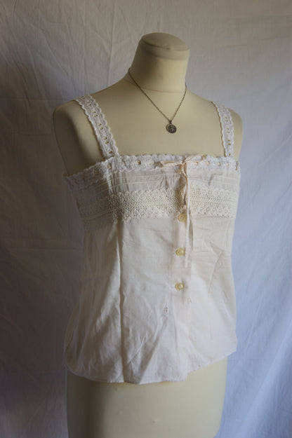 1940s Hand-Made Pale Salmon Cotton Camisole with Lace Trim Bodice - S/M