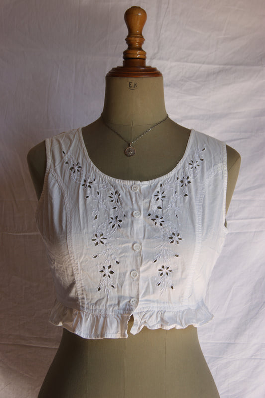 1980s Cotton Eyelet Crop Top with Buttons - XS/S