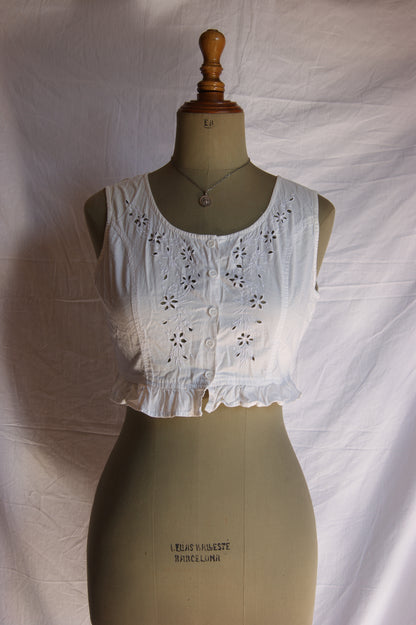 1980s Cotton Eyelet Crop Top with Buttons - XS/S
