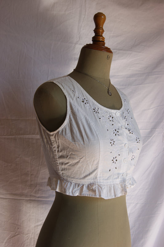 1980s Cotton Eyelet Crop Top with Buttons - XS/S