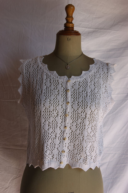 1970s Hand-Crocheted Oversized Cotton Lace Top with Scalloped Edges - M