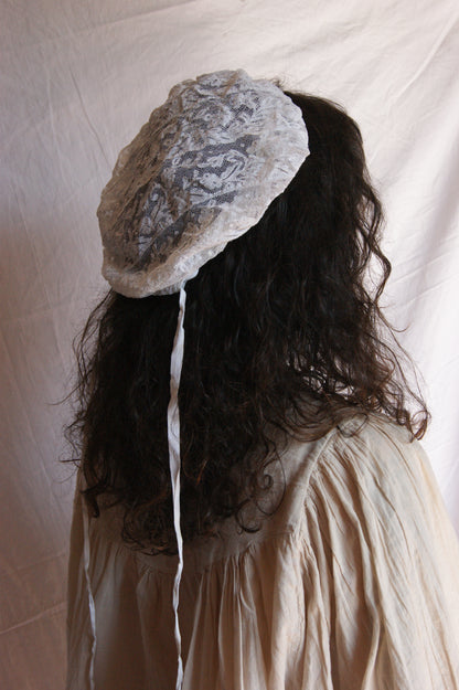 Antique French Filet Lace Bonnet with Ties