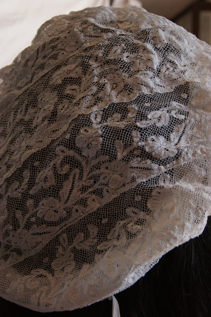 Antique French Filet Lace Bonnet with Ties