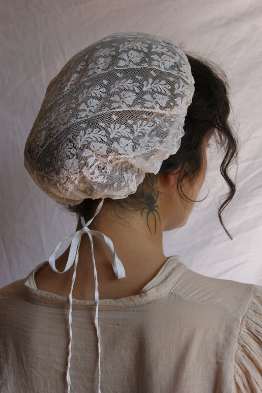 Antique French Filet Lace Bonnet with Ties