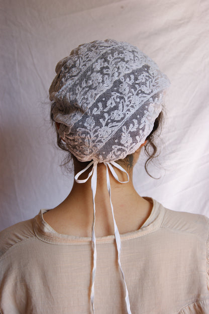 Antique French Filet Lace Bonnet with Ties