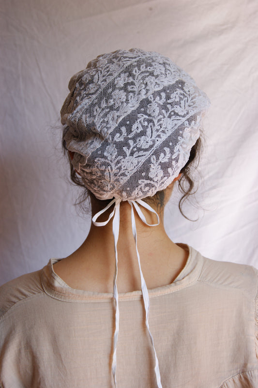 Antique French Filet Lace Bonnet with Ties