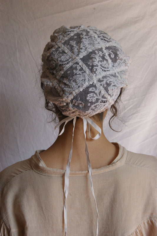 Antique French Filet Lace Bonnet with Geometric Pattern