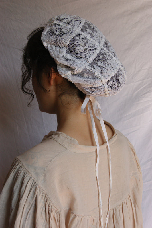 Antique French Filet Lace Bonnet with Geometric Pattern