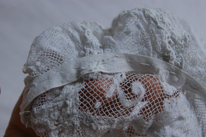 Antique French Filet Lace Bonnet with Geometric Pattern