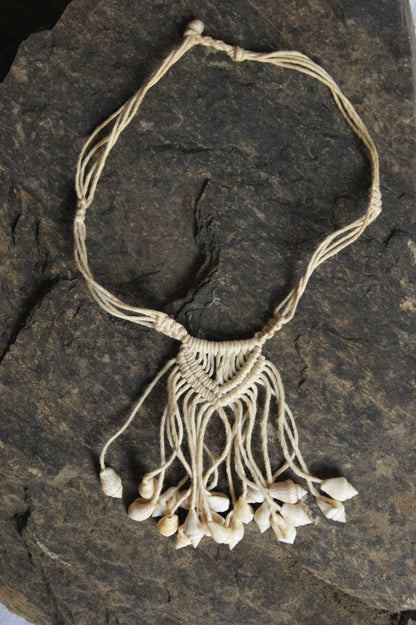 1980s Handcrafted Shell & Macramé Tassel Necklace