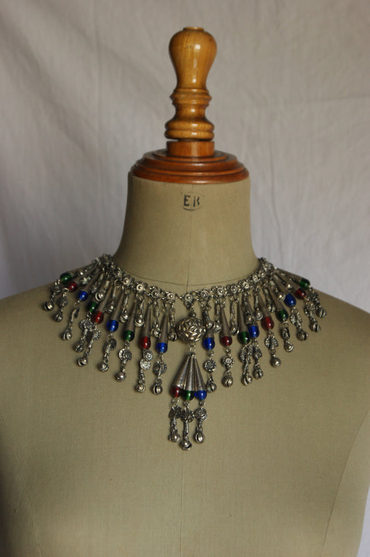 Antique Indian Silver Fringe Necklace with Multi-Colored Glass Beads