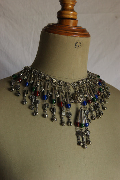 Antique Indian Silver Fringe Necklace with Multi-Colored Glass Beads