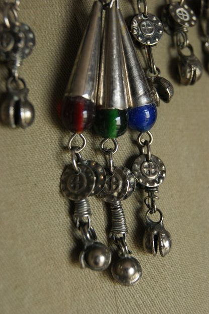 Antique Indian Silver Fringe Necklace with Multi-Colored Glass Beads
