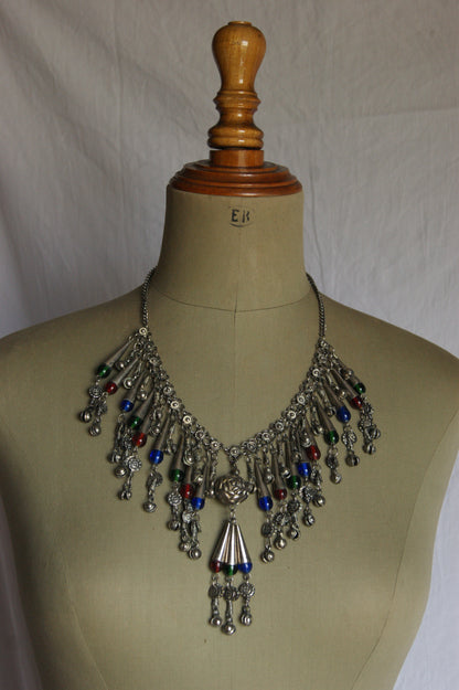 Antique Indian Silver Fringe Necklace with Multi-Colored Glass Beads