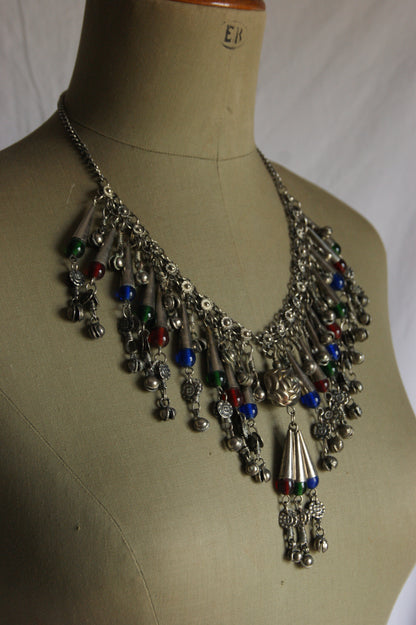 Antique Indian Silver Fringe Necklace with Multi-Colored Glass Beads