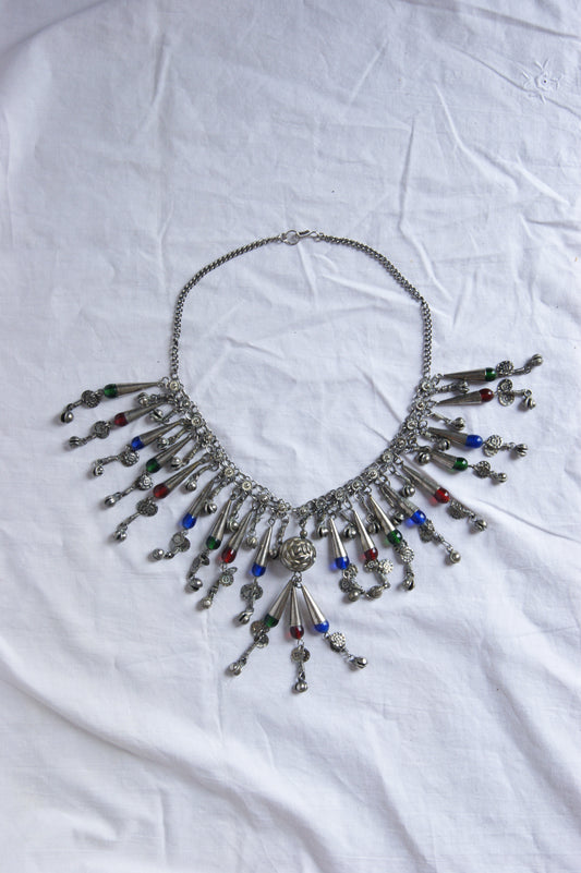 Antique Indian Silver Fringe Necklace with Multi-Colored Glass Beads