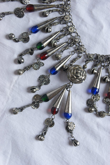Antique Indian Silver Fringe Necklace with Multi-Colored Glass Beads