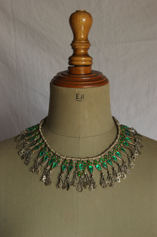 Antique Indian Golden Wire & Green Glass Ceremonial Necklace