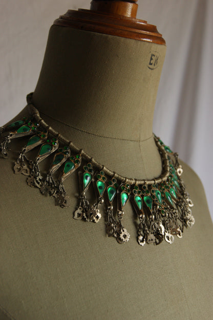 Antique Indian Golden Wire & Green Glass Ceremonial Necklace