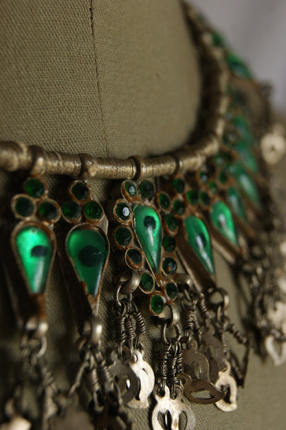 Antique Indian Golden Wire & Green Glass Ceremonial Necklace