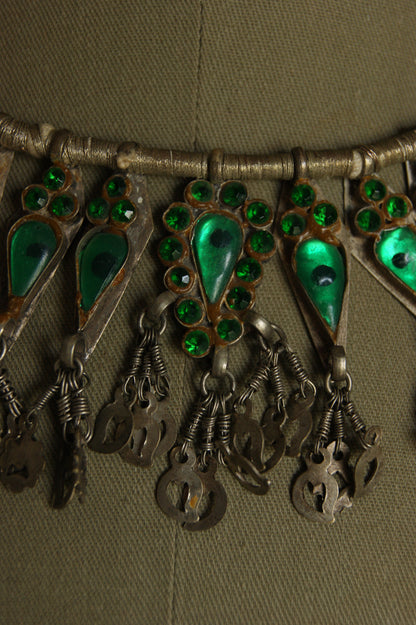 Antique Indian Golden Wire & Green Glass Ceremonial Necklace