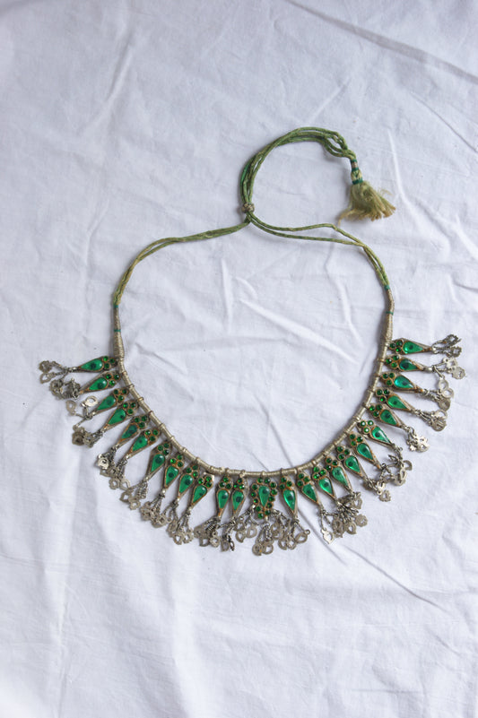 Antique Indian Golden Wire & Green Glass Ceremonial Necklace