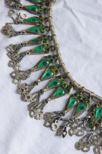 Antique Indian Golden Wire & Green Glass Ceremonial Necklace