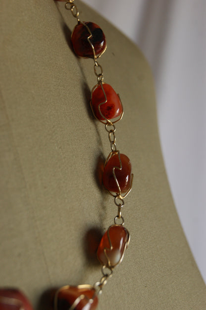 1980s Handcrafted Carnelian & Brass Wire-Wrapped Necklace