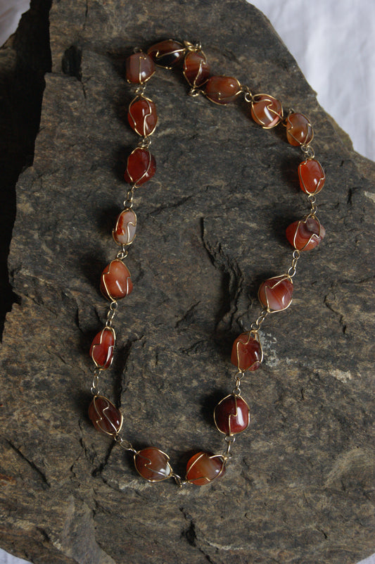 1980s Handcrafted Carnelian & Brass Wire-Wrapped Necklace