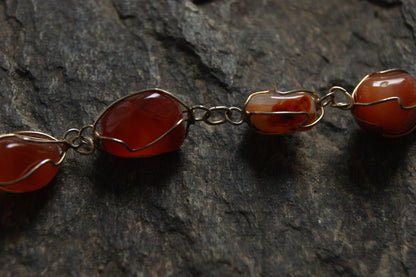 1980s Handcrafted Carnelian & Brass Wire-Wrapped Necklace