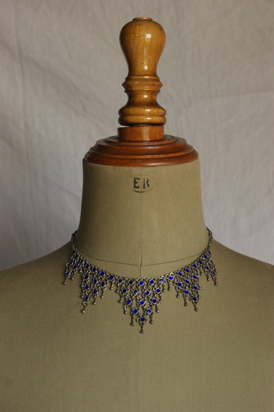 Antique Berber Silver & Blue Enamel Handcrafted Necklace